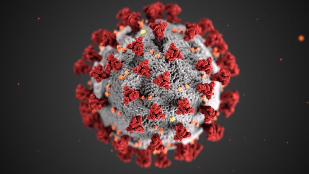 Concept of SARS-CoV-2 or 2019-ncov coronavirus with red ball